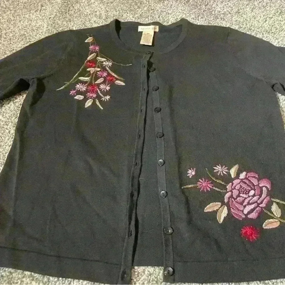 Apostrophe Sweater Womens Petite M Black Cardigan Floral 3/4 Sleeve - Picture 4 of 8